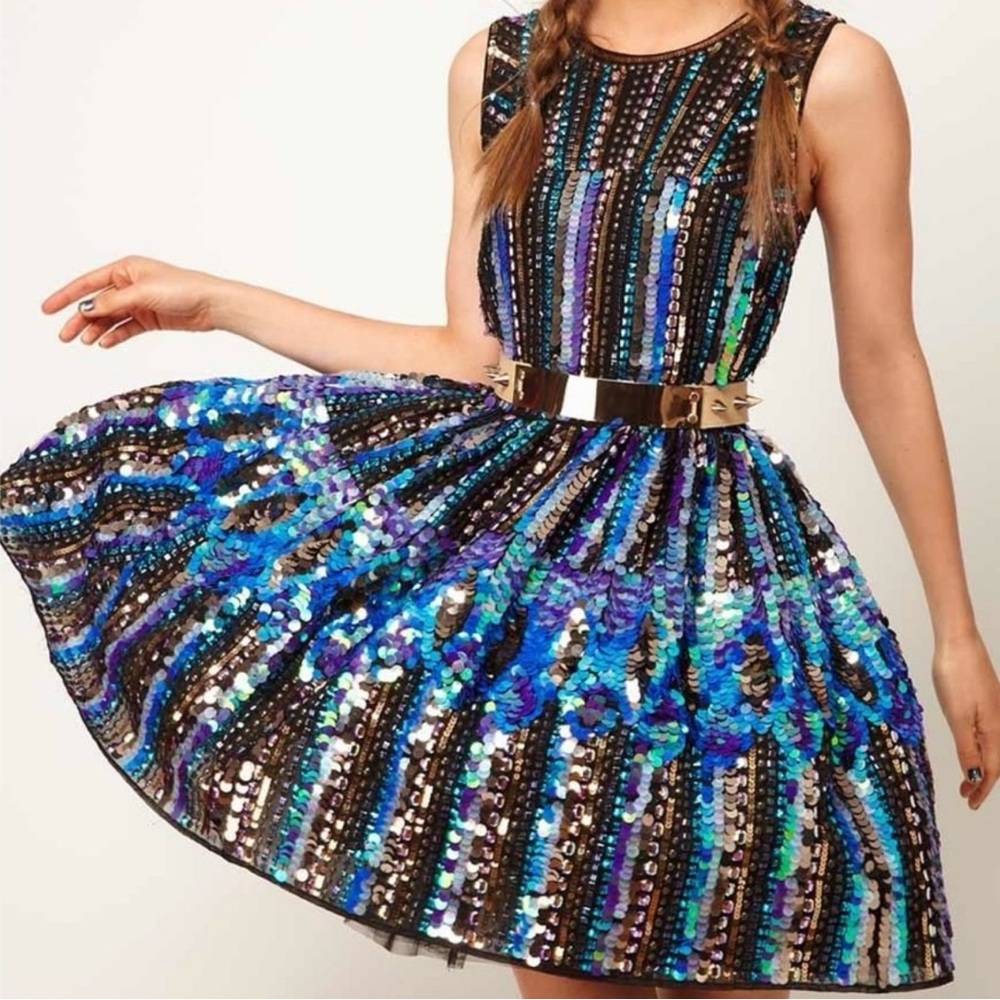 ASOS UK Exclusive Multicolor Hologram Full Skirt Skater Dress Size 6